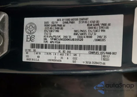 2019 Ford Escape Se из США, поврежденный, VIN 1FMCU9GD0KUB35520